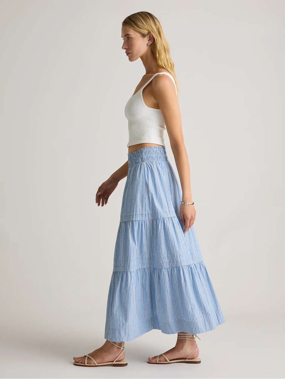 Quince 100% Organic Cotton Poplin Tiered Maxi Skirt | Size L | Blue White Stripe - Picture 7 of 8